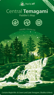Map cover of Central Temagami with a green landscape illustration and waterfall.