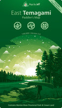Load image into Gallery viewer, Map cover of East Temagami with forest and river illustration on a green background
