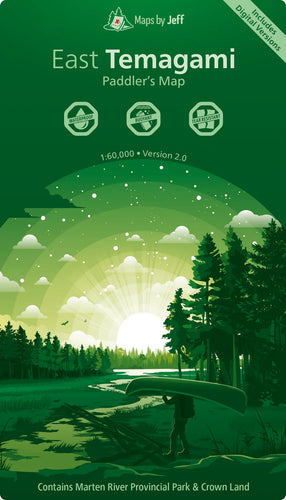 Map cover of East Temagami with forest and river illustration on a green background