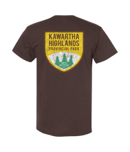 Load image into Gallery viewer, Brown t-shirt with Kawartha Highlands Provincial Park logo on the back
