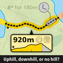 Load image into Gallery viewer, Map with a route showing an elevation change of 920 meters, labeled &#39;Uphill, downhill, or no hill?&#39;.

