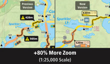 Load image into Gallery viewer, Comparison of two map versions with different zoom levels showing changes in distance measurements.
