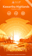 Load image into Gallery viewer, Kawartha Highlands paddler&#39;s map with orange background and landscape illustration

