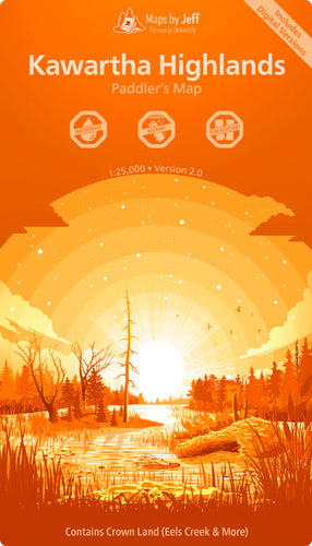 Kawartha Highlands paddler's map with orange background and landscape illustration