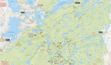 Load image into Gallery viewer, Map of a region Of Kawartha Highlands Park with various markers and labels on a green background
