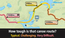 Load image into Gallery viewer, Map of a canoe route with distance markers and difficulty labels.
