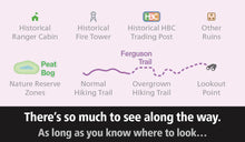 Load image into Gallery viewer, Map of hiking trails with icons and text on a white background
